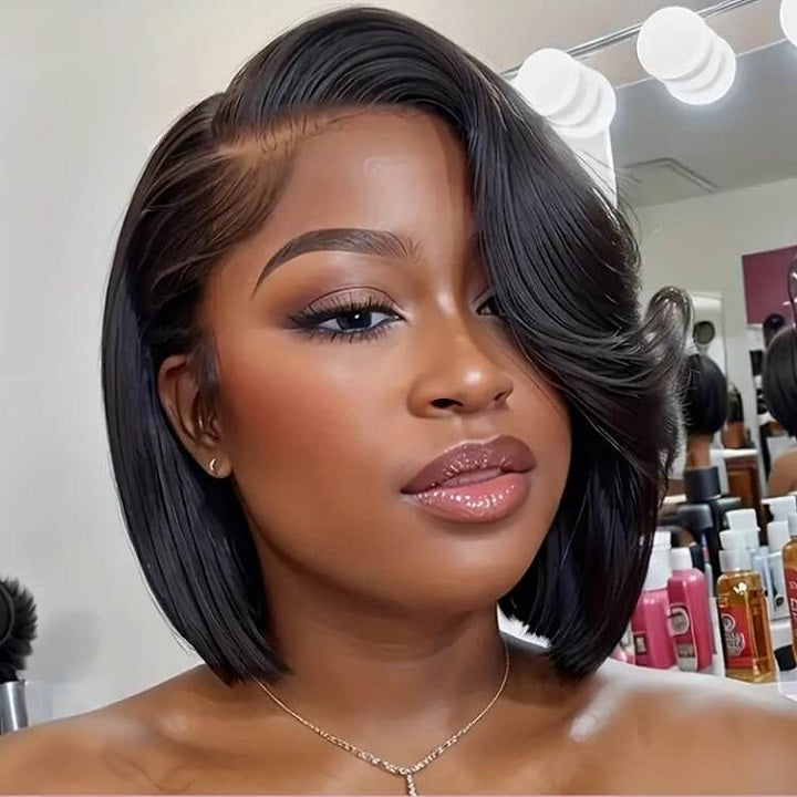 Straight Pixie Bob Wig With Swept Bangs Pre Cut Lace Glueless Wig