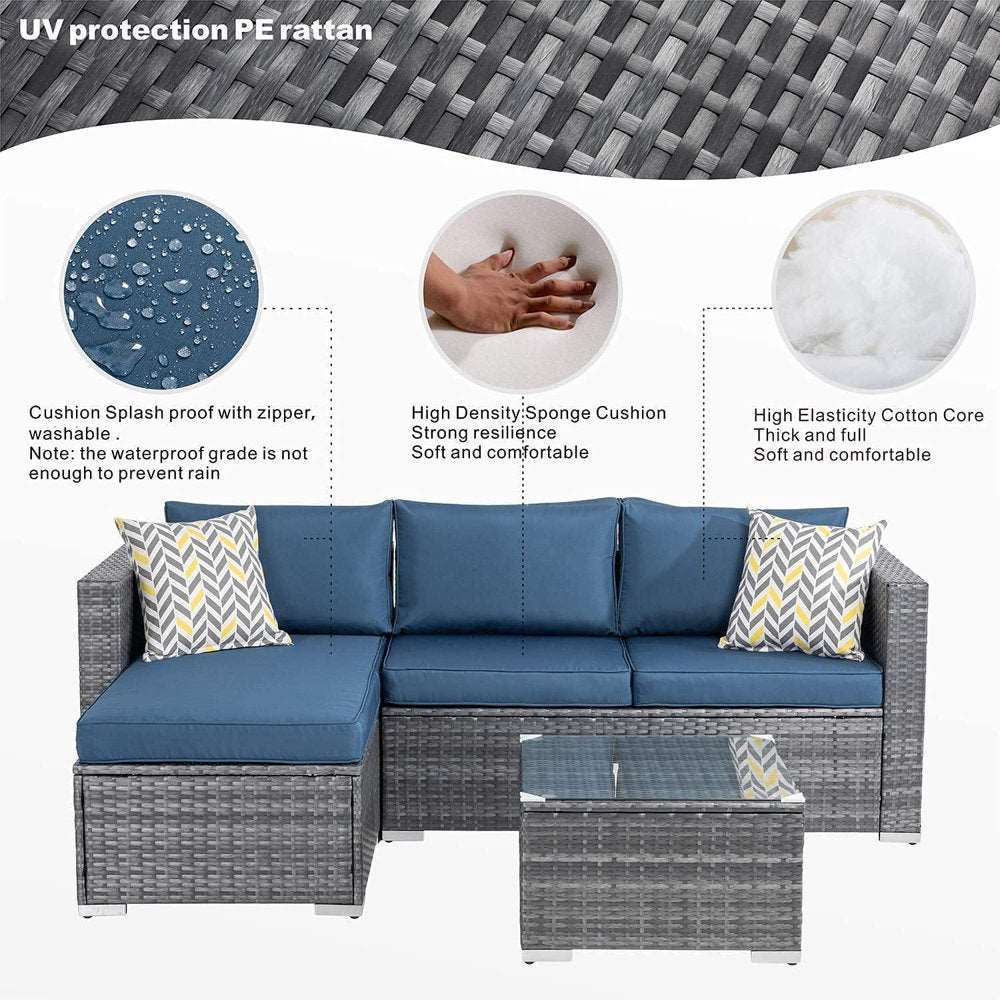 3 Piece Aegean Blue Outdoor Furniture Sectional Sofa Patio Set Silver Gray Rattan Wicker - Healthier Me Beauty, LLC
