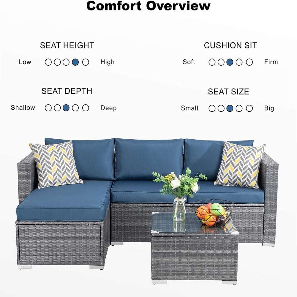 3 Piece Aegean Blue Outdoor Furniture Sectional Sofa Patio Set Silver Gray Rattan Wicker - Healthier Me Beauty, LLC
