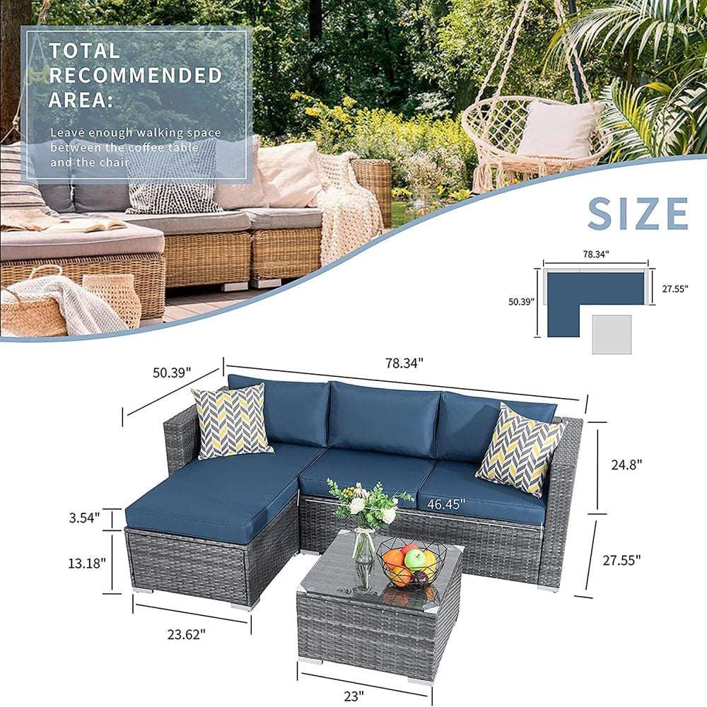 3 Piece Aegean Blue Outdoor Furniture Sectional Sofa Patio Set Silver Gray Rattan Wicker - Healthier Me Beauty, LLC