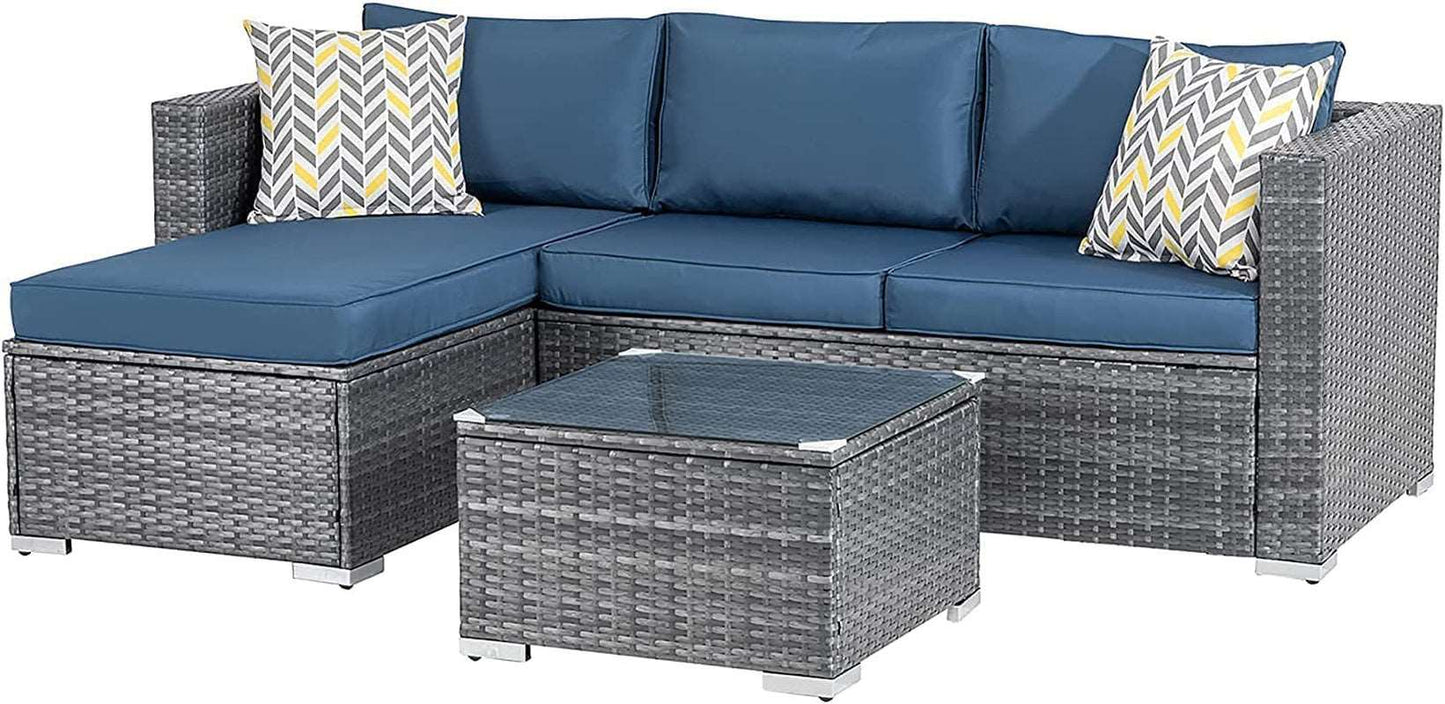 3 Piece Aegean Blue Outdoor Furniture Sectional Sofa Patio Set Silver Gray Rattan Wicker - Healthier Me Beauty, LLC
