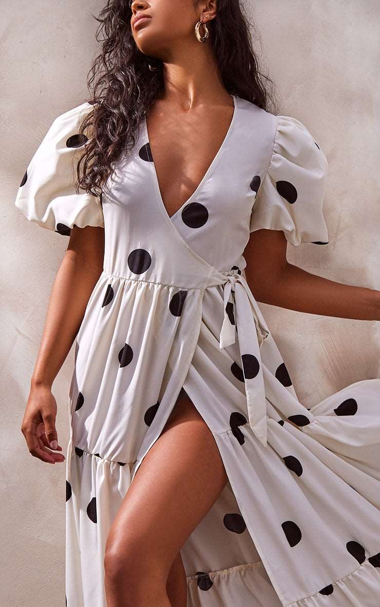 Black Woven Puff Sleeve Wrap Midaxi Dress