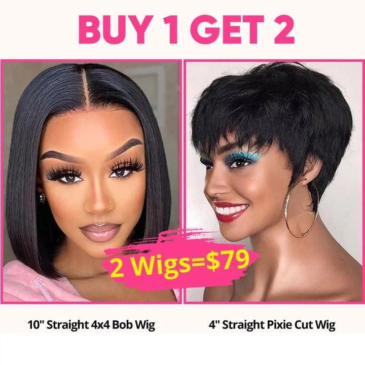 Buy 1 Get 2 $79.99=10" 4x4 Straight Bob Lace Closure Wig+Pixie Cut Wig