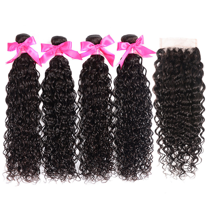 Water Wave Hair 3 Bundles With Closure Wet And Wavy Human Hair Weave Bundles With Lace Closure