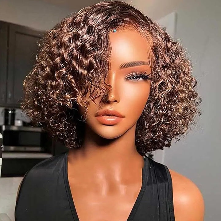 Flash Deal $99.99 10" Brown Color Short Curly Bob 13x4 Lace Frontal Wig Human Hair