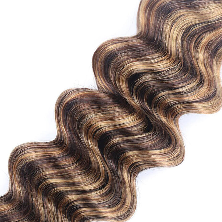P4/27 Highlight Brown Honey Loose Deep Wave Hair 3 Bundles With 13x4 Lace Frontal Human Hair