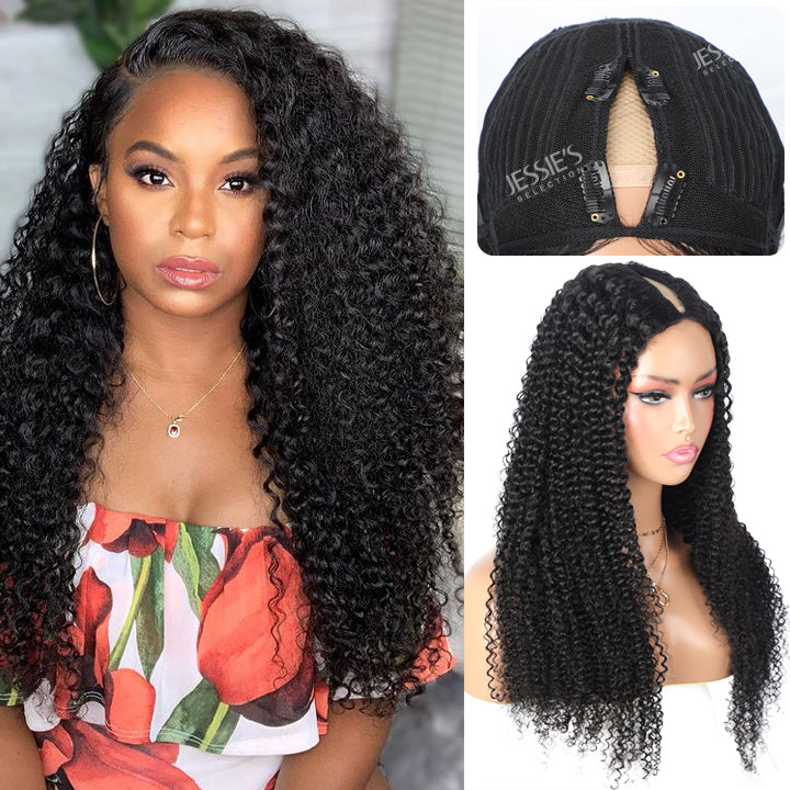 Thin V Part Wig Kinky Curly Natural Scalp Human Hair Wig Without Leave Out