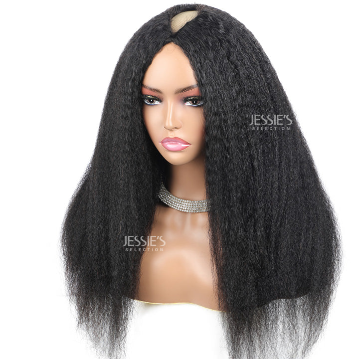 V Part Wig Kinky Straight Glueless Human Hair Wig Without Leave Out Full Machinemade