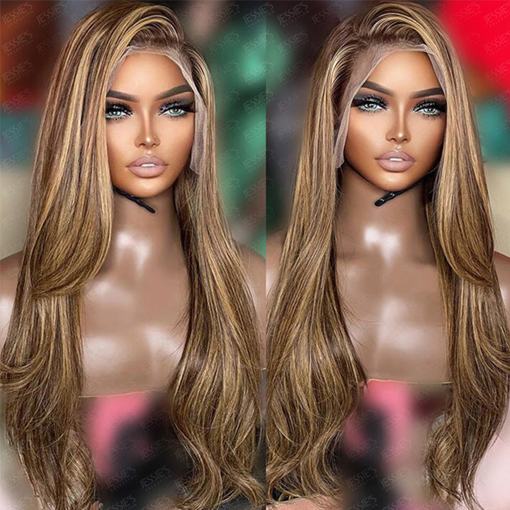 Layer Cut Piano Brown Straight 13x4 Lace Frontal Highlights Human Hair Glueless Wig Preplucked