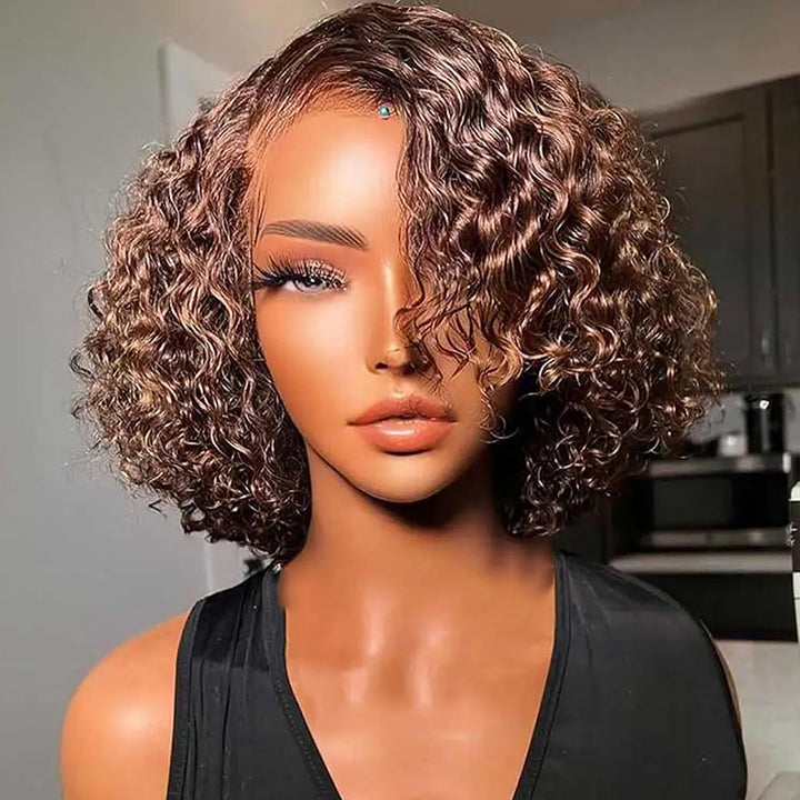 Flash Deal $99.99 10" Brown Color Short Curly Bob 13x4 Lace Frontal Wig Human Hair