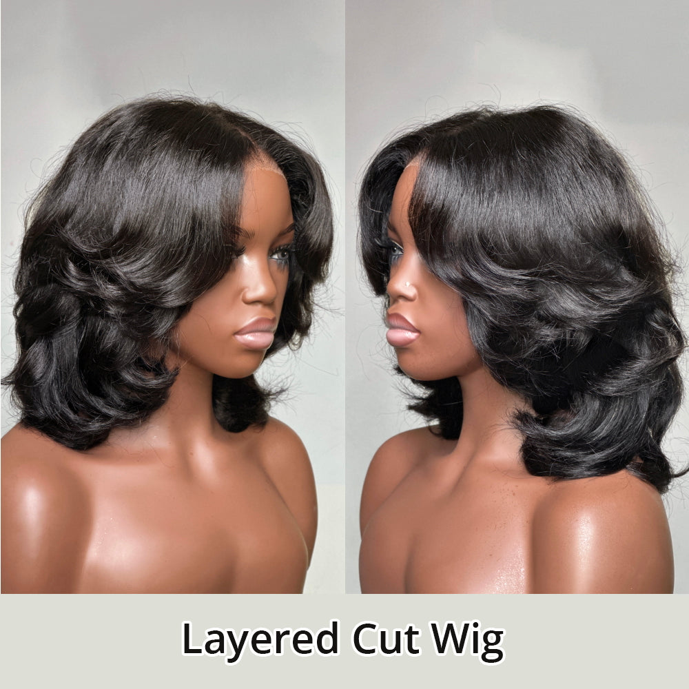 Put on & Go Layered Bob Short Wavy Glueless Human Hair Lace Wig