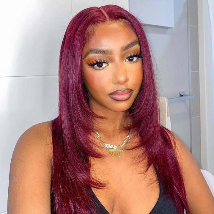 Burgundy Straight 13x5 Pre Cut Lace Front Layered Wig Butterfly Haircut #99J Color Wig