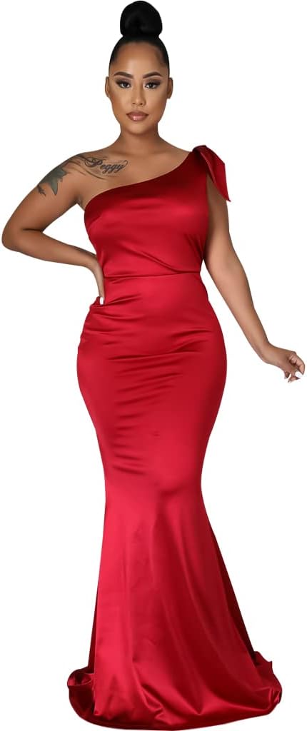 JTNFairy Women's Sexy Ruffle Sleeveless One Shoulder Bodycon Dresses Classy Pencil Curvy Party Evening Long Formal Dress
