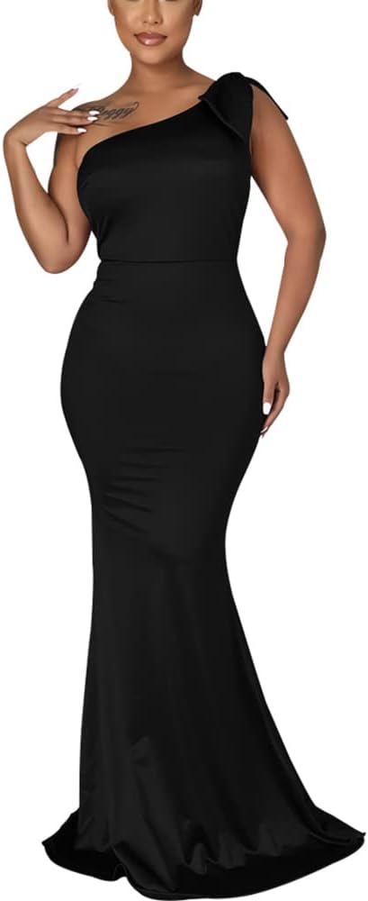 JTNFairy Women's Sexy Ruffle Sleeveless One Shoulder Bodycon Dresses Classy Pencil Curvy Party Evening Long Formal Dress
