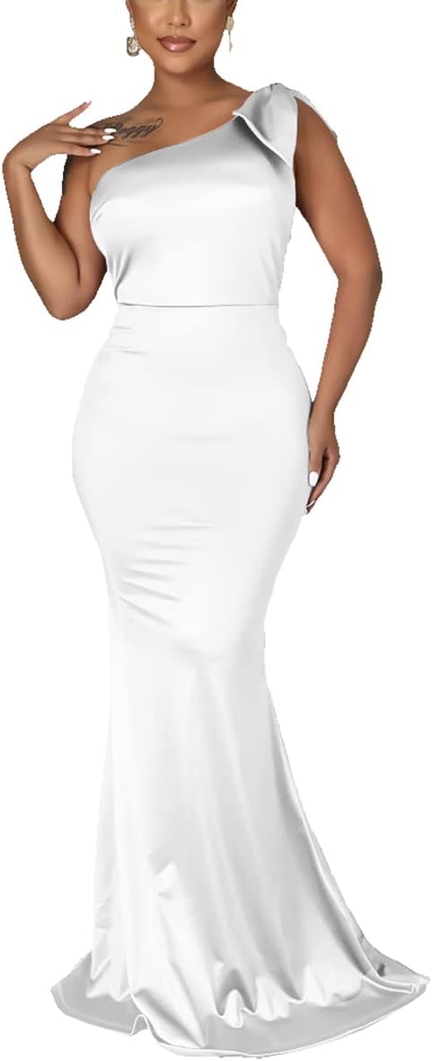JTNFairy Women's Sexy Ruffle Sleeveless One Shoulder Bodycon Dresses Classy Pencil Curvy Party Evening Long Formal Dress