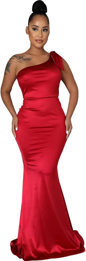 JTNFairy Women's Sexy Ruffle Sleeveless One Shoulder Bodycon Dresses Classy Pencil Curvy Party Evening Long Formal Dress
