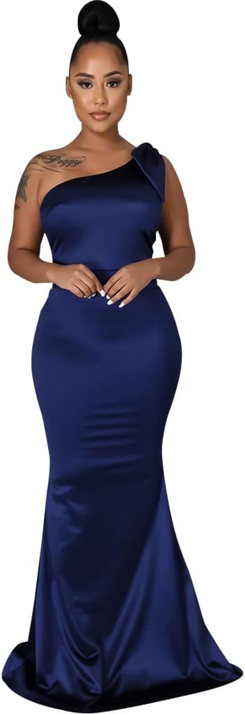 JTNFairy Women's Sexy Ruffle Sleeveless One Shoulder Bodycon Dresses Classy Pencil Curvy Party Evening Long Formal Dress