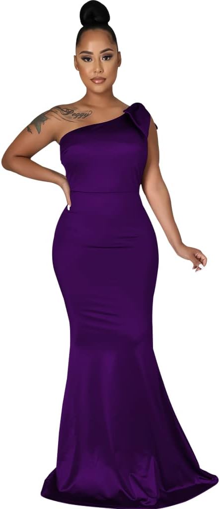 JTNFairy Women's Sexy Ruffle Sleeveless One Shoulder Bodycon Dresses Classy Pencil Curvy Party Evening Long Formal Dress