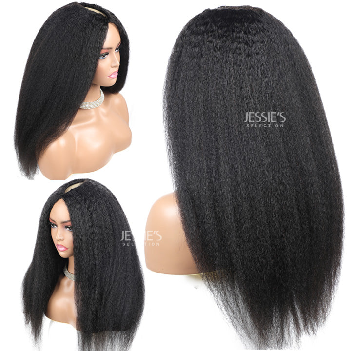 V Part Wig Kinky Straight Glueless Human Hair Wig Without Leave Out Full Machinemade