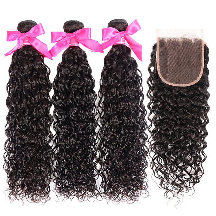Water Wave Hair 3 Bundles With Closure Wet And Wavy Human Hair Weave Bundles With Lace Closure