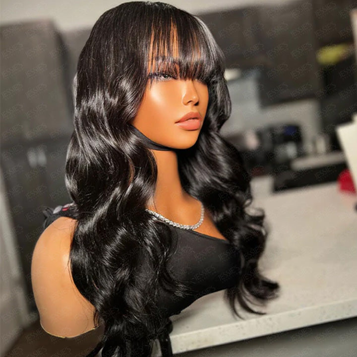 Pre Everything Glueless 13x5 Lace Front Body Wave Wigs With Bangs Human Hair