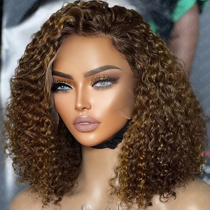 Highlight Brown Curly 13x4 Lace Front Bob Wig Glueless Human Hair Wig