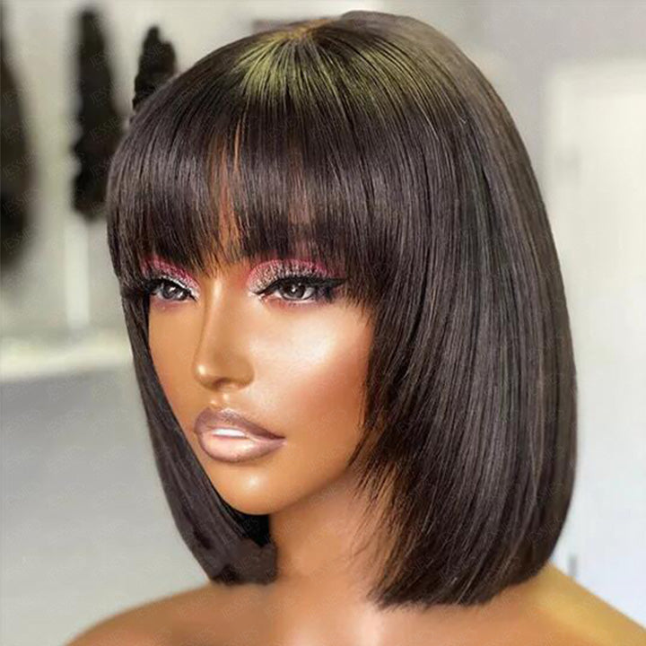 Blunt Cut Short Layered Black Bob Wig With Bangs Full Cap Non Lace Wig