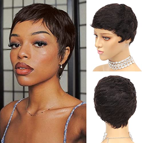 Vogue Pixie Wigs Short Black Wavy Layered Short Human Hair Wigs for Black Women (1B#)