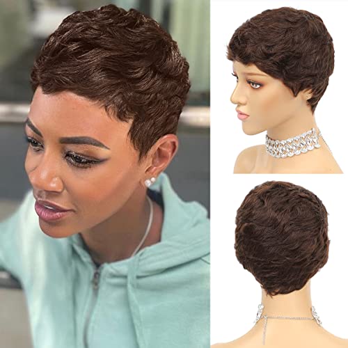 Vogue Pixie Wigs Short Black Wavy Layered Short Human Hair Wigs for Black Women (1B#)