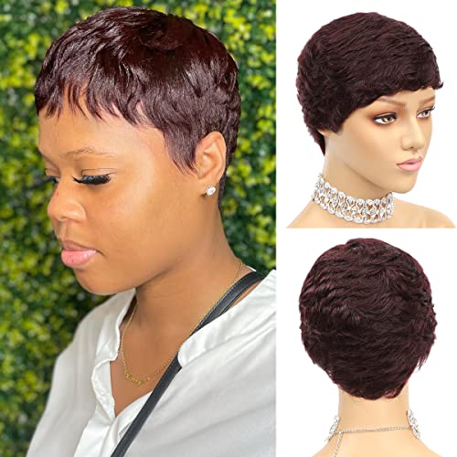Vogue Pixie Wigs Short Black Wavy Layered Short Human Hair Wigs for Black Women (1B#)