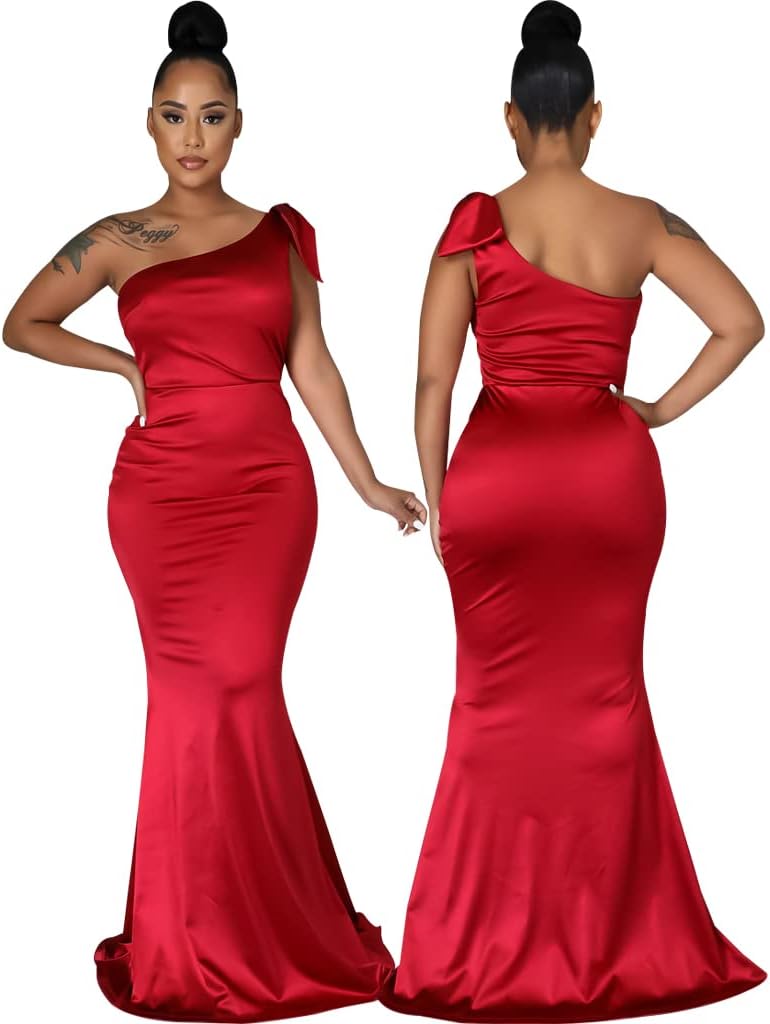 JTNFairy Women's Sexy Ruffle Sleeveless One Shoulder Bodycon Dresses Classy Pencil Curvy Party Evening Long Formal Dress