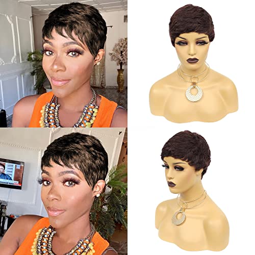 Vogue Pixie Wigs Short Black Wavy Layered Short Human Hair Wigs for Black Women (1B#)