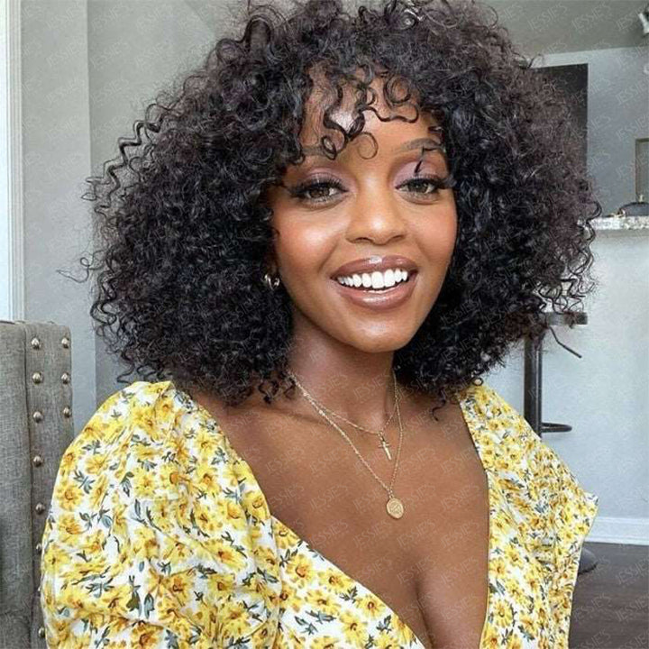 Curly Bob Machinemade Wig With Bangs Glueless Human Hair Wig With Fringe