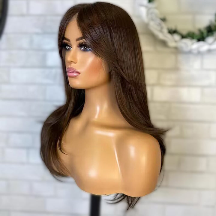 Chocolate Brown Layers Curtain Bangs Straight 9x6 Pre Cut Lace Wig