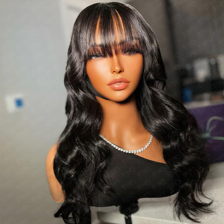 Pre Everything Glueless 13x5 Lace Front Body Wave Wigs With Bangs Human Hair