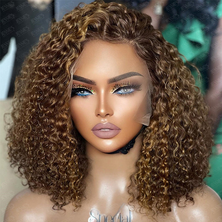 Highlight Brown Curly 13x4 Lace Front Bob Wig Glueless Human Hair Wig