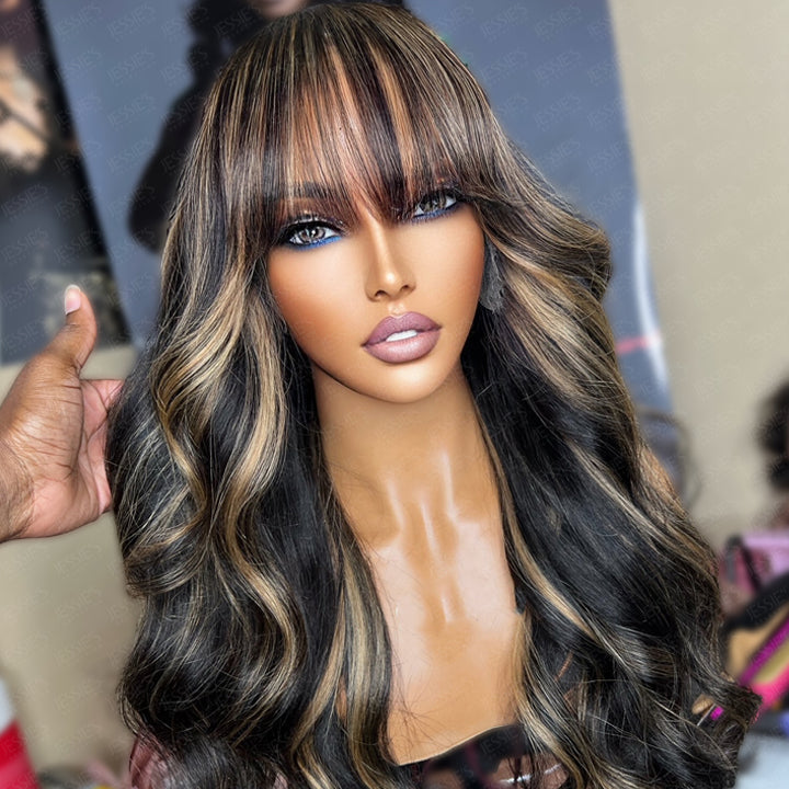 Honey Highlight Body Wave 13x5 Pre Everything Human Hair Wigs With Bangs