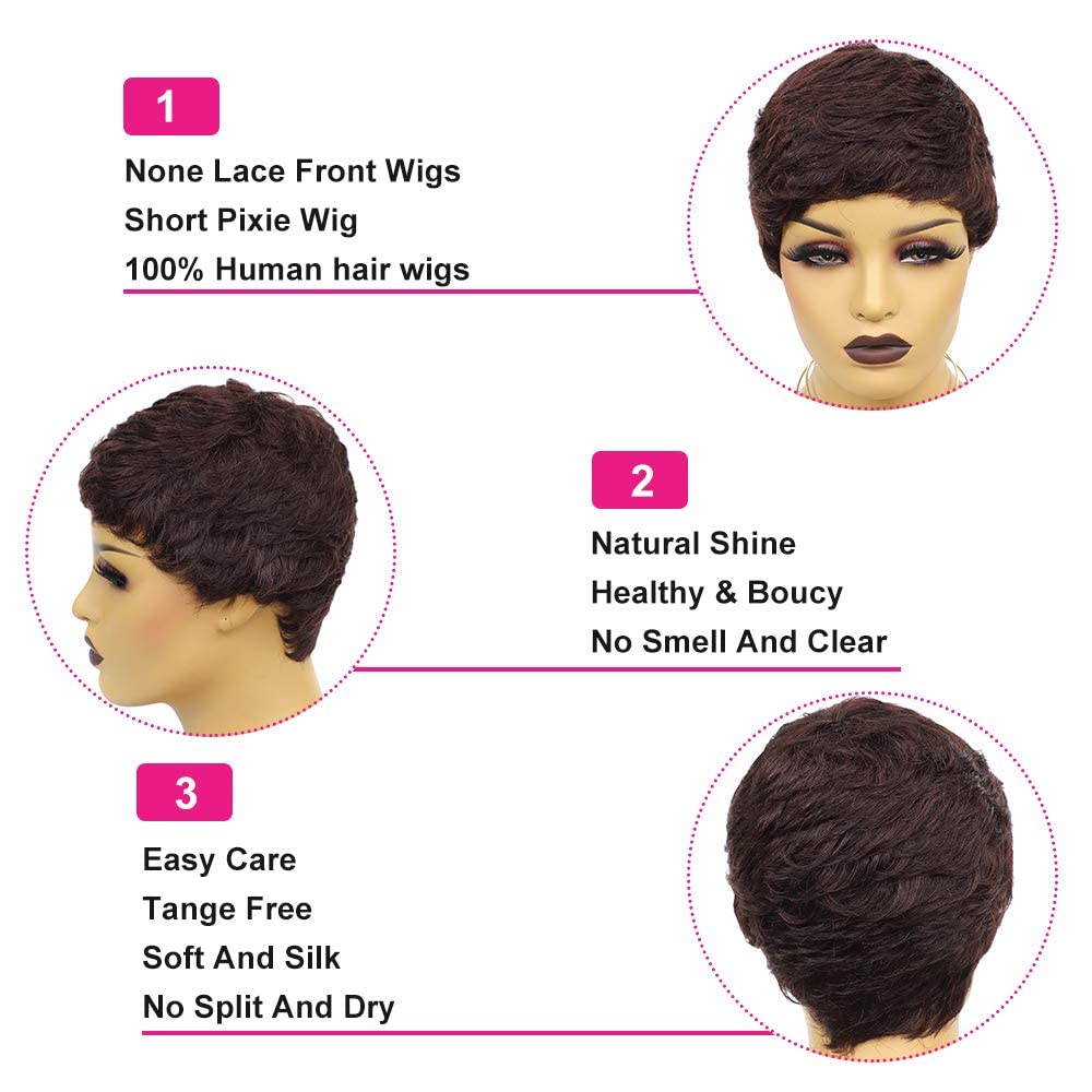 Vogue Pixie Wigs Short Black Wavy Layered Short Human Hair Wigs for Black Women (1B#)
