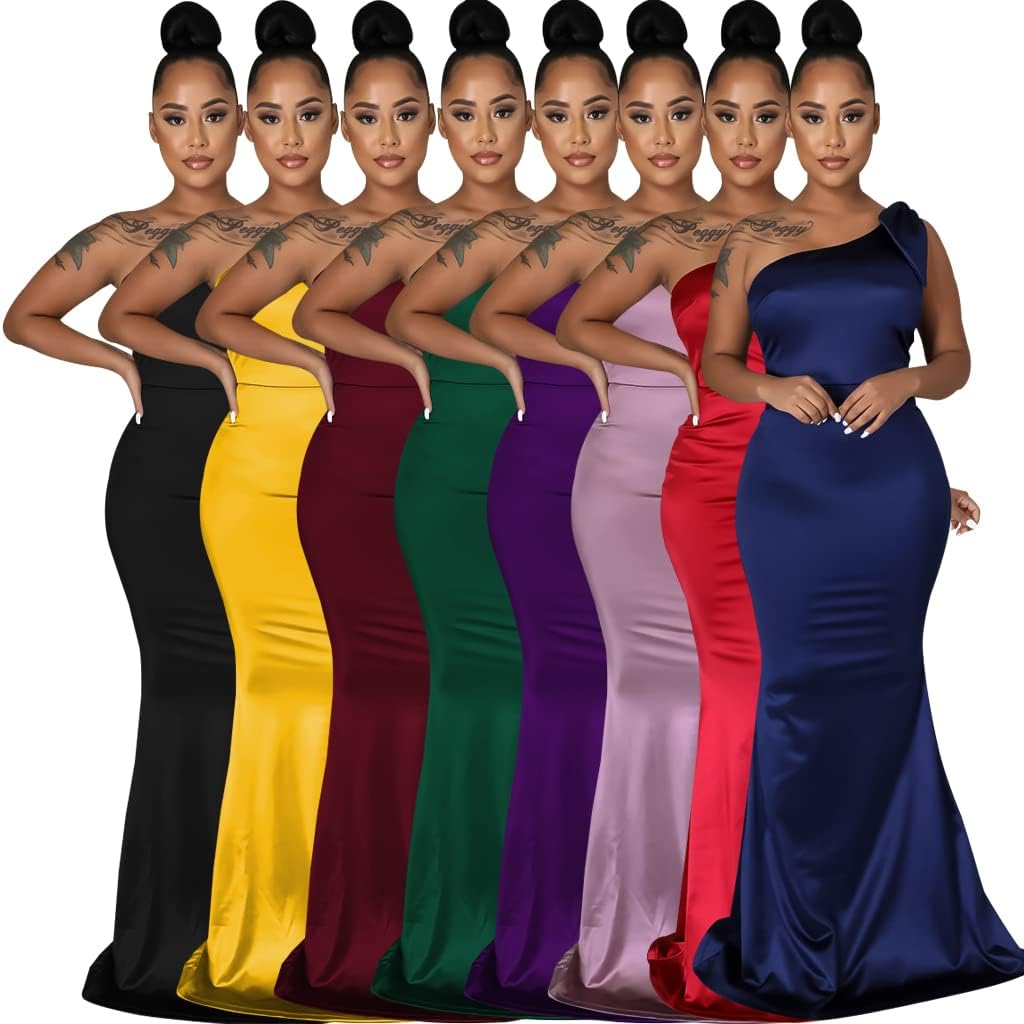 JTNFairy Women's Sexy Ruffle Sleeveless One Shoulder Bodycon Dresses Classy Pencil Curvy Party Evening Long Formal Dress