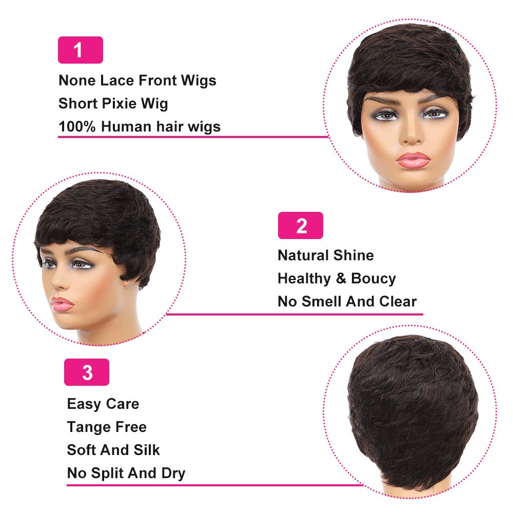 Vogue Pixie Wigs Short Black Wavy Layered Short Human Hair Wigs for Black Women (1B#)