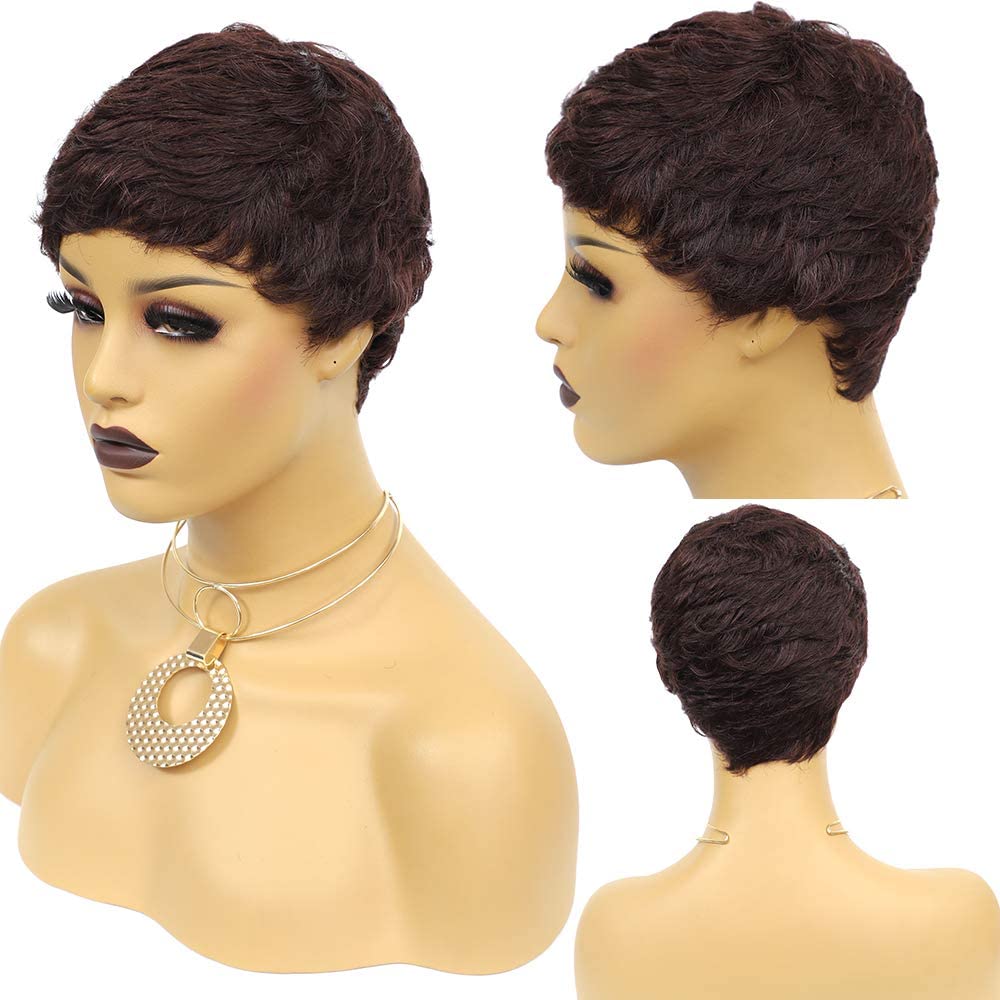 Vogue Pixie Wigs Short Black Wavy Layered Short Human Hair Wigs for Black Women (1B#)
