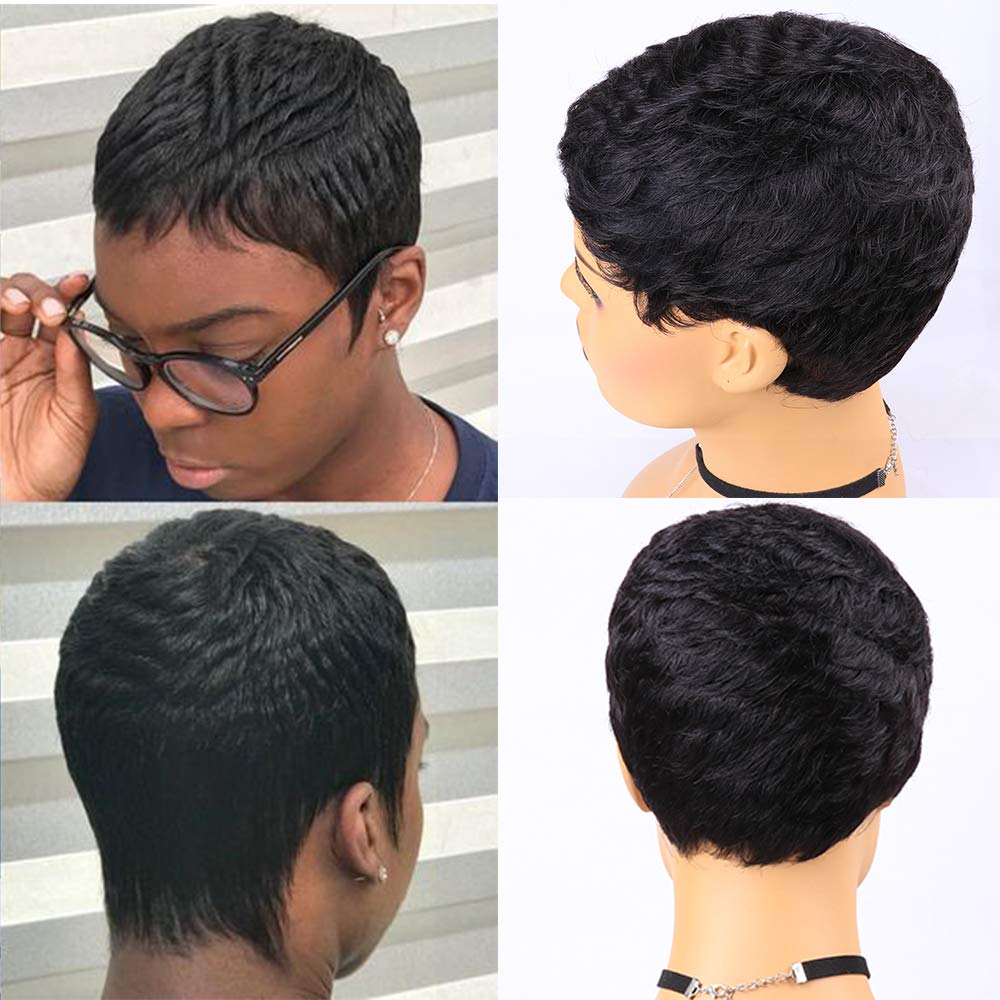 Vogue Pixie Wigs Short Black Wavy Layered Short Human Hair Wigs for Black Women (1B#)