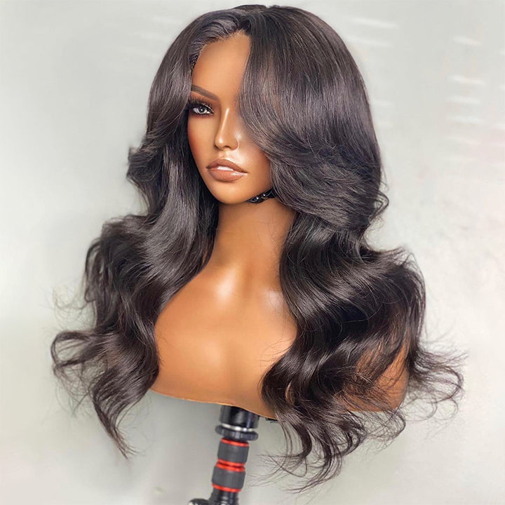 Flash Deal $169.99 22" Curtain Bangs Wavy 7x5 Pre Cut Lace Human Hair Glueless Wig
