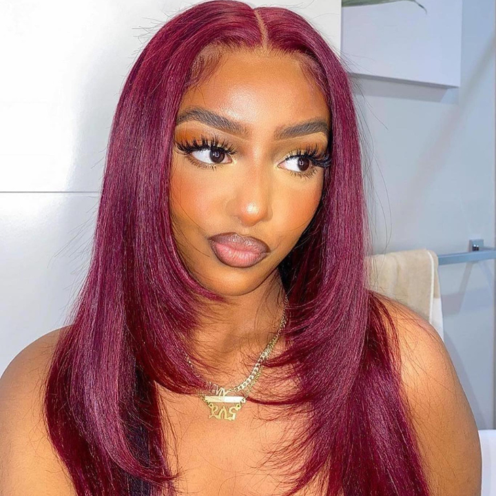 Burgundy Straight 13x5 Pre Cut Lace Front Layered Wig Butterfly Haircut #99J Color Wig