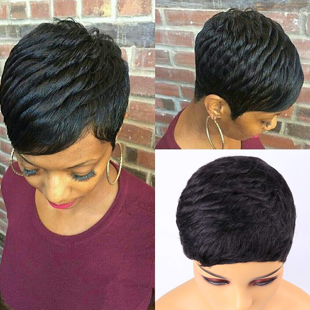 Vogue Pixie Wigs Short Black Wavy Layered Short Human Hair Wigs for Black Women (1B#)