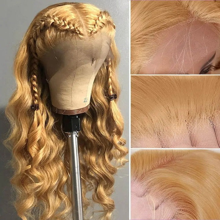 Honey Blonde Body Wave 13x4 Lace Frontal Human Hair Wigs Pre Plucked With Baby Hair