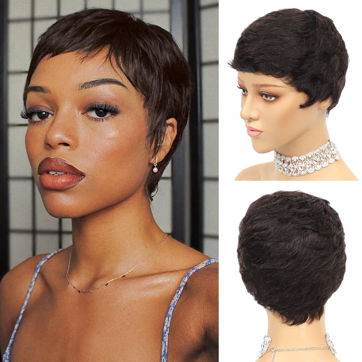Vogue Pixie Wigs Short Black Wavy Layered Short Human Hair Wigs for Black Women (1B#)