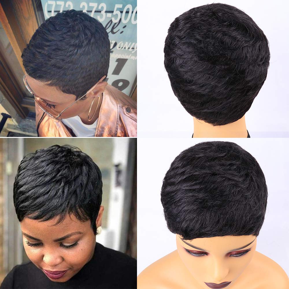 Vogue Pixie Wigs Short Black Wavy Layered Short Human Hair Wigs for Black Women (1B#)
