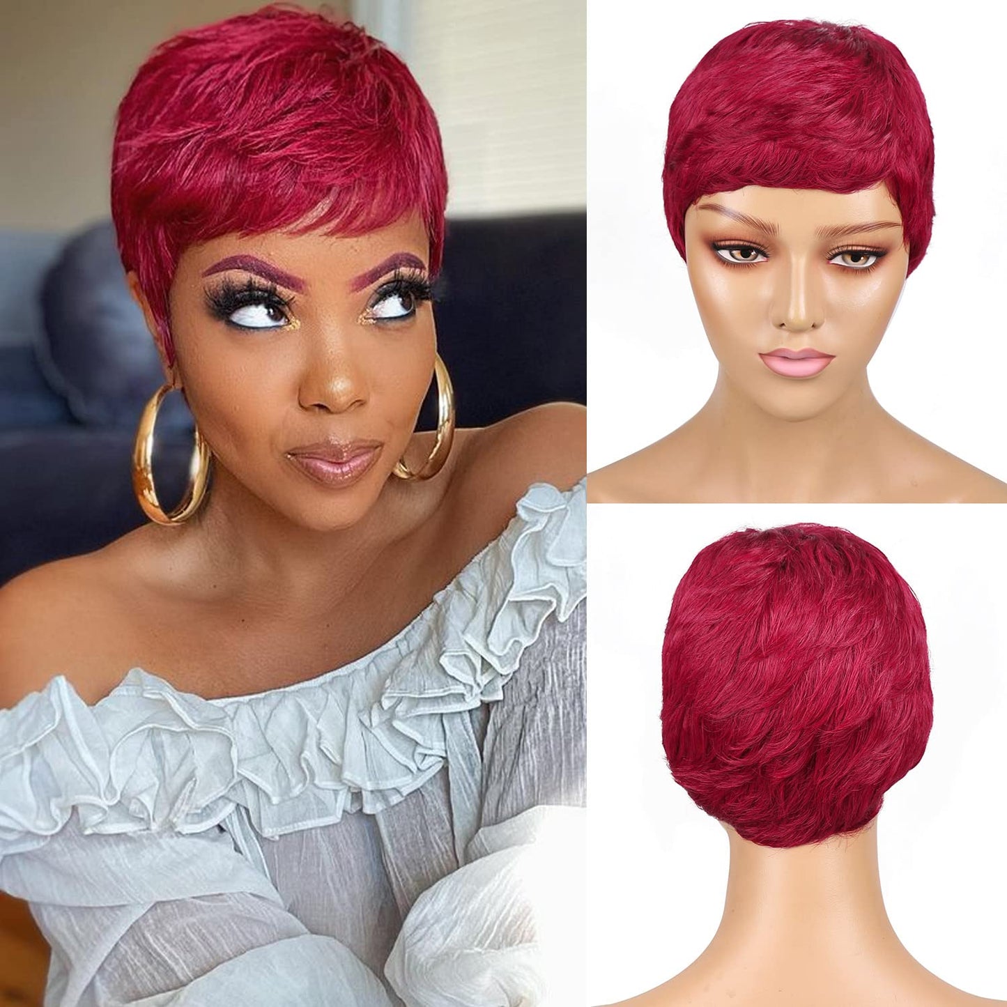 Vogue Pixie Wigs Short Black Wavy Layered Short Human Hair Wigs for Black Women (1B#)
