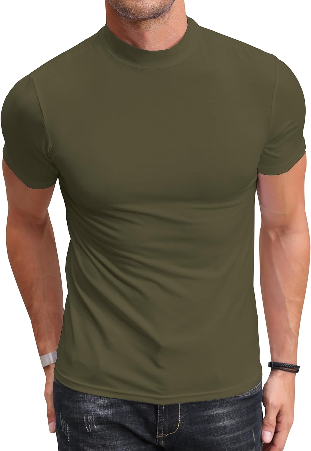 Poriff Men's Casual Mock Turtleneck Pullover Tops Short Sleeve Slim Fit T-Shirts Basic Solid Color Tees